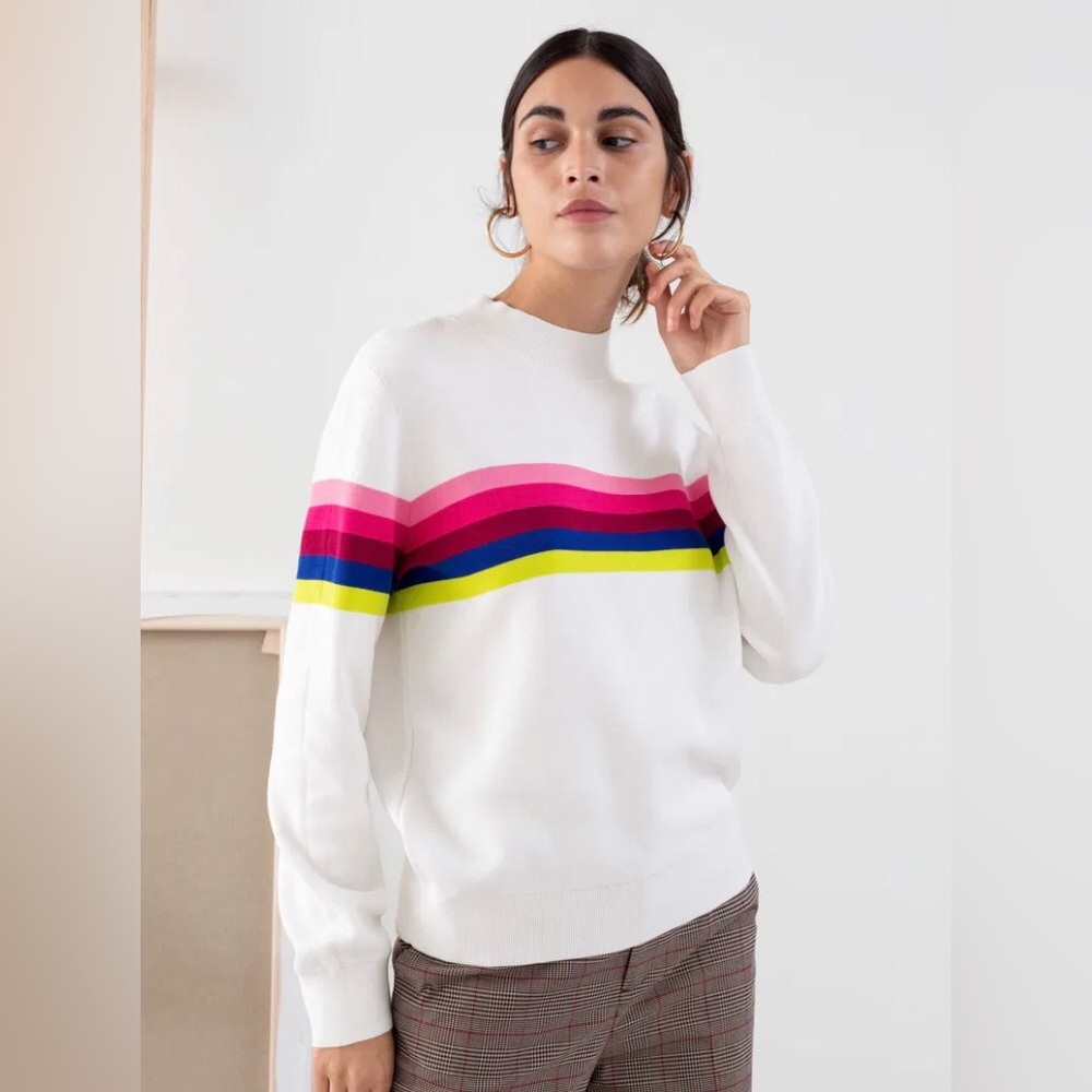 & Other Stories Paris Atelier White Mock Neck Rainbow Stripe Pullover Women’s XS